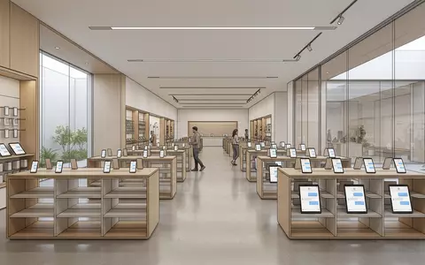 Architektur-Render im Elektronik-Fachmarkt mit Nachrichten-App zum Thema WeChat App, ISIN HK0700003553, neutrales Tageslicht - Foto: THN