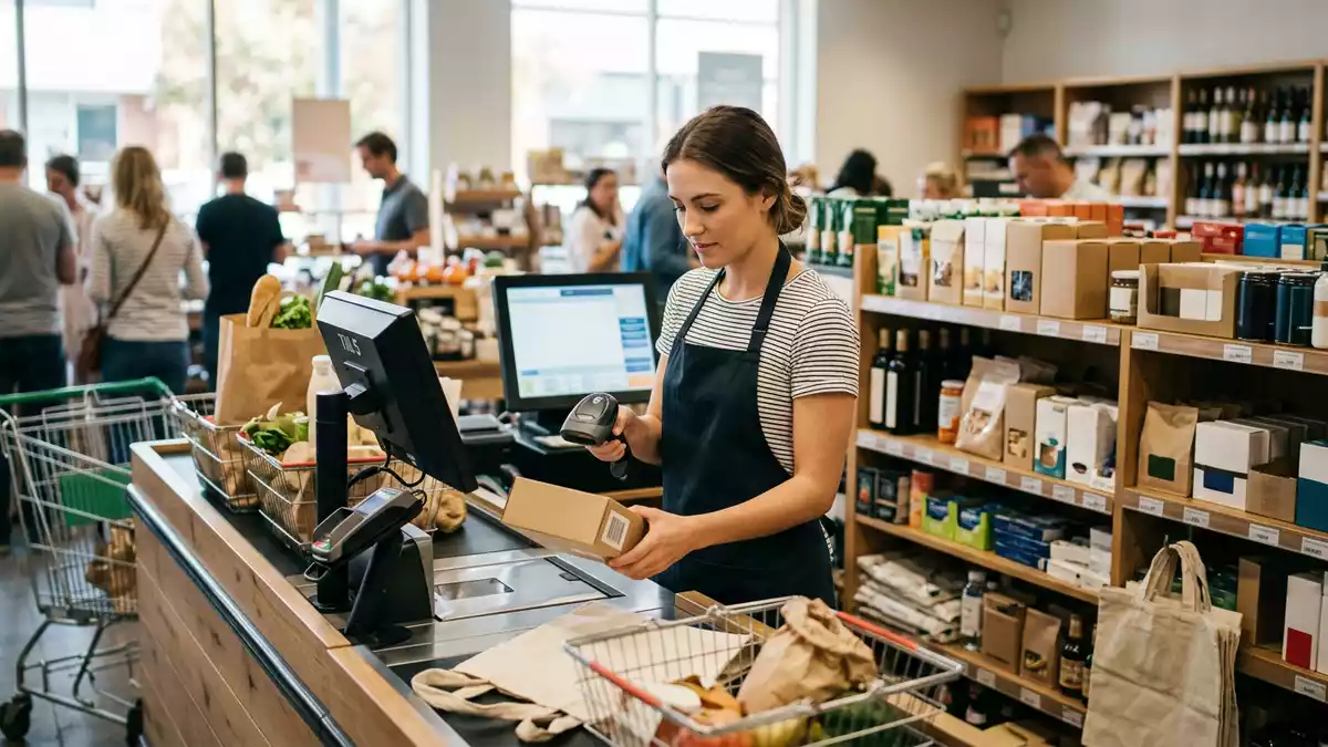 Fotorealistische Ansicht von Handscanner an der Kasse in realer Umgebung, neutral