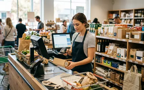 Fotorealistische Aufnahme von Handscanner an der Kasse zum Thema Zebra Barcode Scanner, ISIN US98980G1022 - Foto: THN