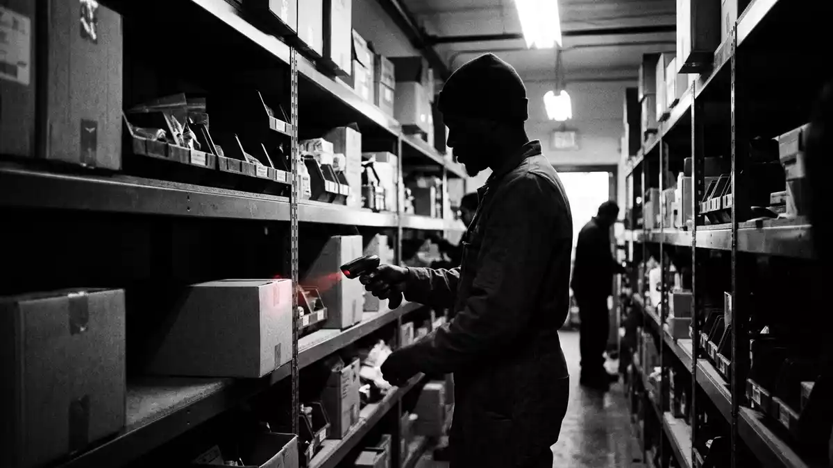Schwarzweiss-Reportagebild mit Handscanner in dokumentarischer Arbeitsumgebung