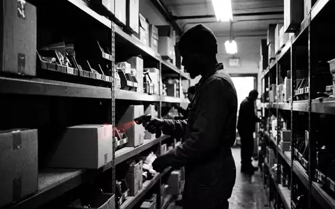 Schwarzweiss-Reportage mit Handscanner zum Thema Zebra Barcode Scanner, ISIN US98980G1022, hoher Kontrast - Foto: THN
