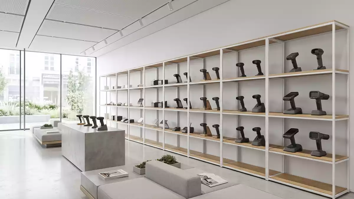 Architektur-Render im Kassentechnik-Fachhandel mit Handscanner im Ausstellungsbereich