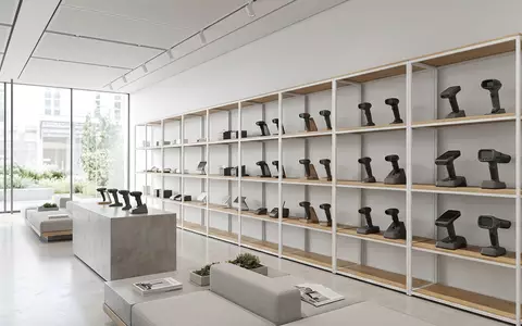 Architektur-Render im Kassentechnik-Fachhandel mit Handscanner zum Thema Zebra Barcode Scanner, ISIN US98980G1022, neutrales Tageslicht - Foto: THN