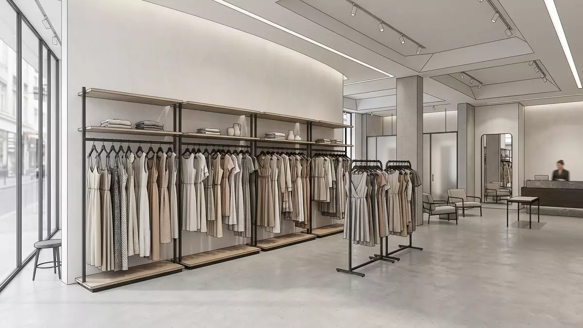 Architektur-Render im Modegeschäft mit Damenkleider im Ausstellungsbereich, neutral