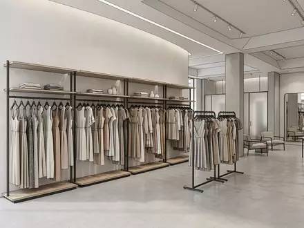 Architektur-Render im Modegeschäft mit Damenkleider zum Thema Zalando Kleider, ISIN DE000ZAL1111, neutrales Tageslicht - Foto: THN