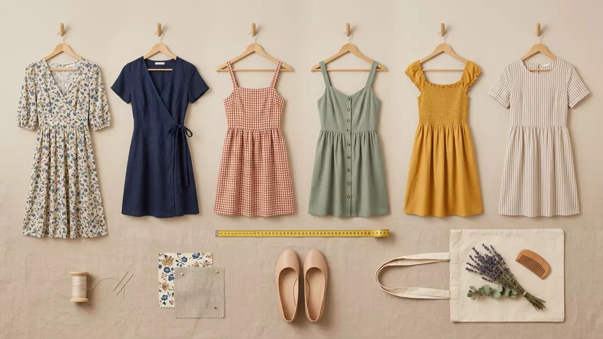 Flatlay-Arrangement rund um Damenkleider mit passenden Requisiten von oben, neutral