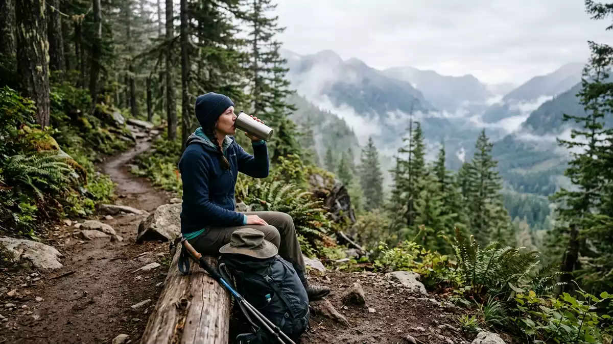 Fotorealistische Ansicht von Isolierbecher beim Wandern in realer Umgebung, neutral