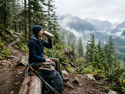 Fotorealistische Aufnahme von Isolierbecher beim Wandern zum Thema Yeti Rambler Becher, ISIN US98585X1046, natuerliches Licht - Foto: THN