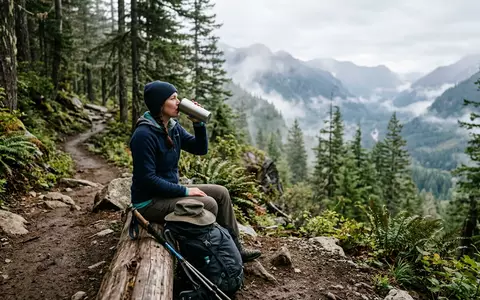 Fotorealistische Aufnahme von Isolierbecher beim Wandern zum Thema Yeti Rambler Becher, ISIN US98585X1046, natuerliches Licht - Foto: THN