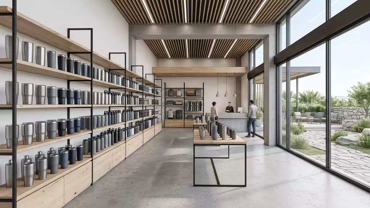 Architektur-Render im Outdoor-Fachhandel mit Isolierbecher im Ausstellungsbereich