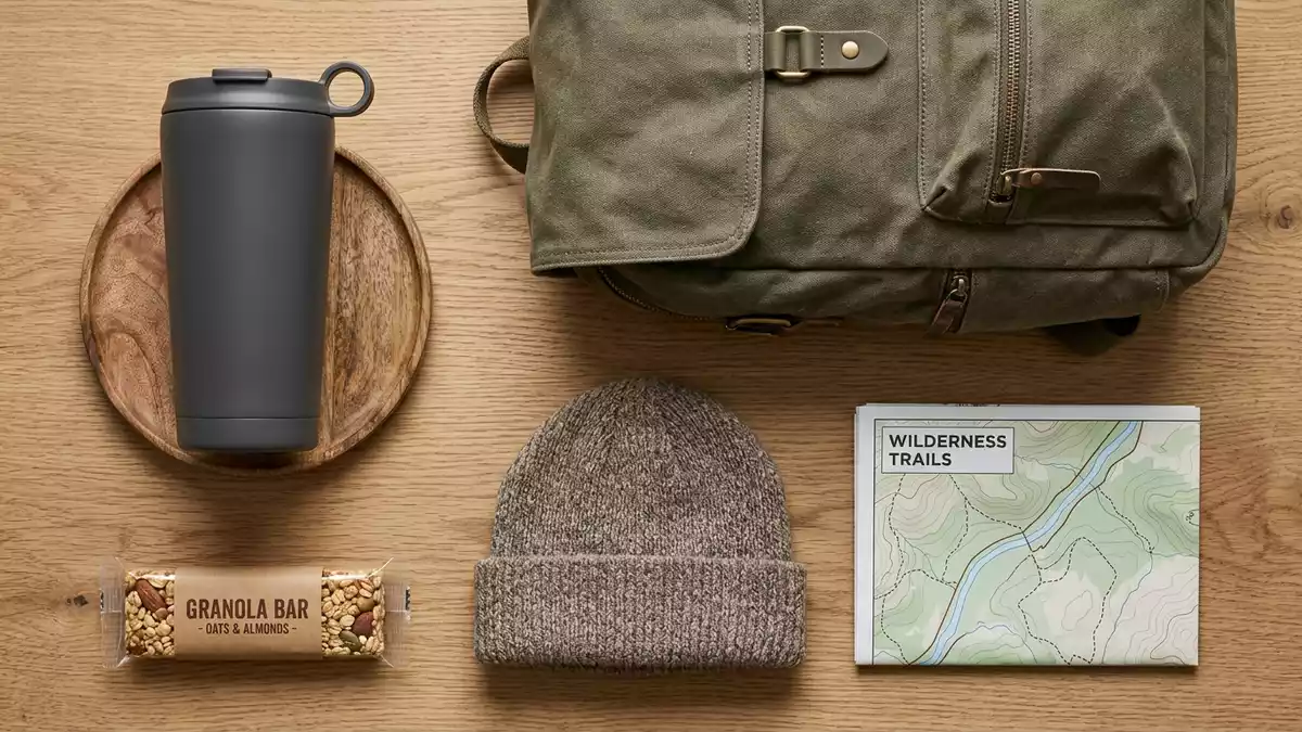 Flatlay-Arrangement rund um Isolierbecher mit passenden Requisiten von oben, neutral
