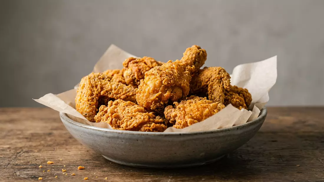 Fotorealistische Studioansicht von Frittiertes Hähnchen in neutraler Produktdarstellung