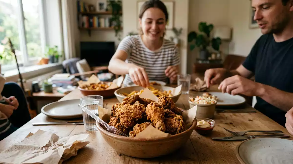 Fotorealistische Ansicht von Frittiertes Hähnchen beim Essen in realer Umgebung