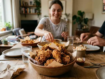 Fotorealistische Aufnahme von Frittiertes Hähnchen beim Essen zum Thema KFC Bucket, ISIN US9884981013, natuerliches Licht - Foto: THN