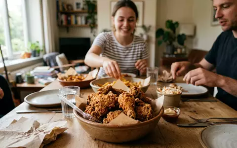 Fotorealistische Aufnahme von Frittiertes HĂ€hnchen beim Essen zum Thema KFC Bucket, ISIN US9884981013, natuerliches Licht - Foto: THN