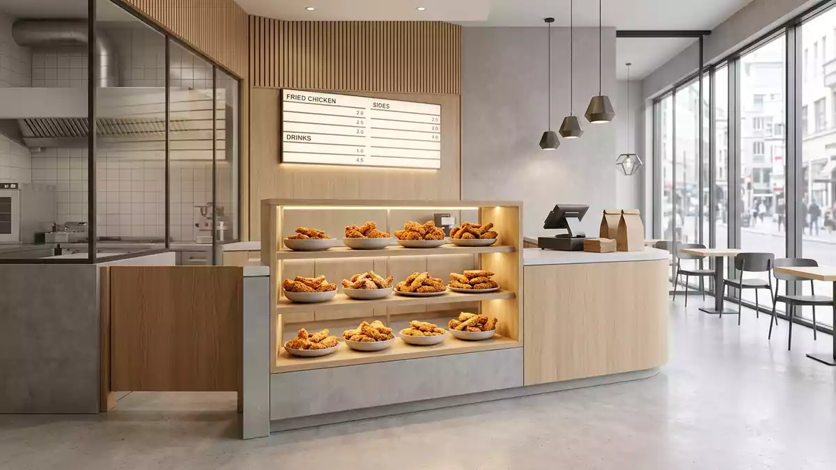 Architektur-Render im Imbissrestaurant mit Frittiertes Hähnchen im Ausstellungsbereich