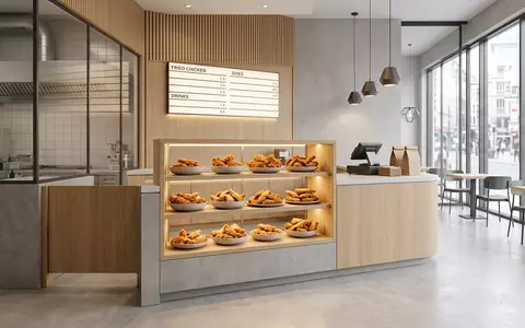 Architektur-Render im Imbissrestaurant mit Frittiertes Hähnchen zum Thema KFC Bucket, ISIN US9884981013, neutrales Tageslicht - Foto: THN
