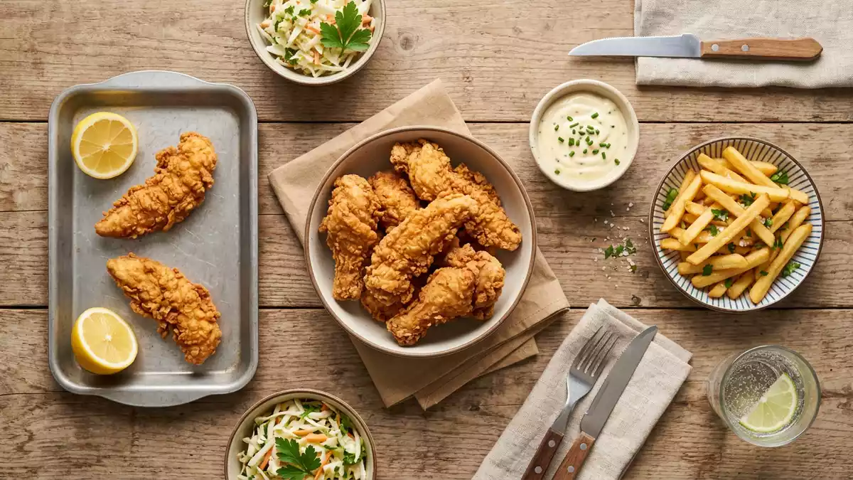 Flatlay-Arrangement rund um Frittiertes Hähnchen mit passenden Requisiten von oben