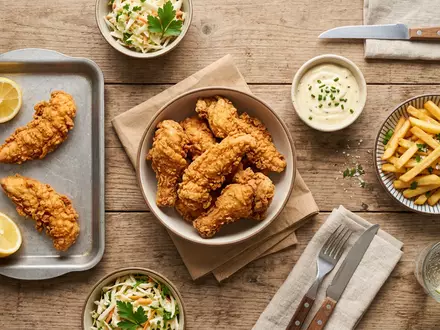 Flatlay-Arrangement rund um Frittiertes Hähnchen zum Thema KFC Bucket, ISIN US9884981013, weiches Oberlicht - Foto: THN