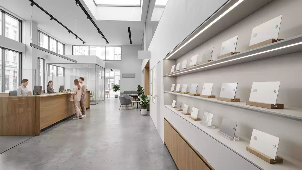 Architektur-Render im Bankfiliale mit Debitkarte im Ausstellungsbereich, neutral