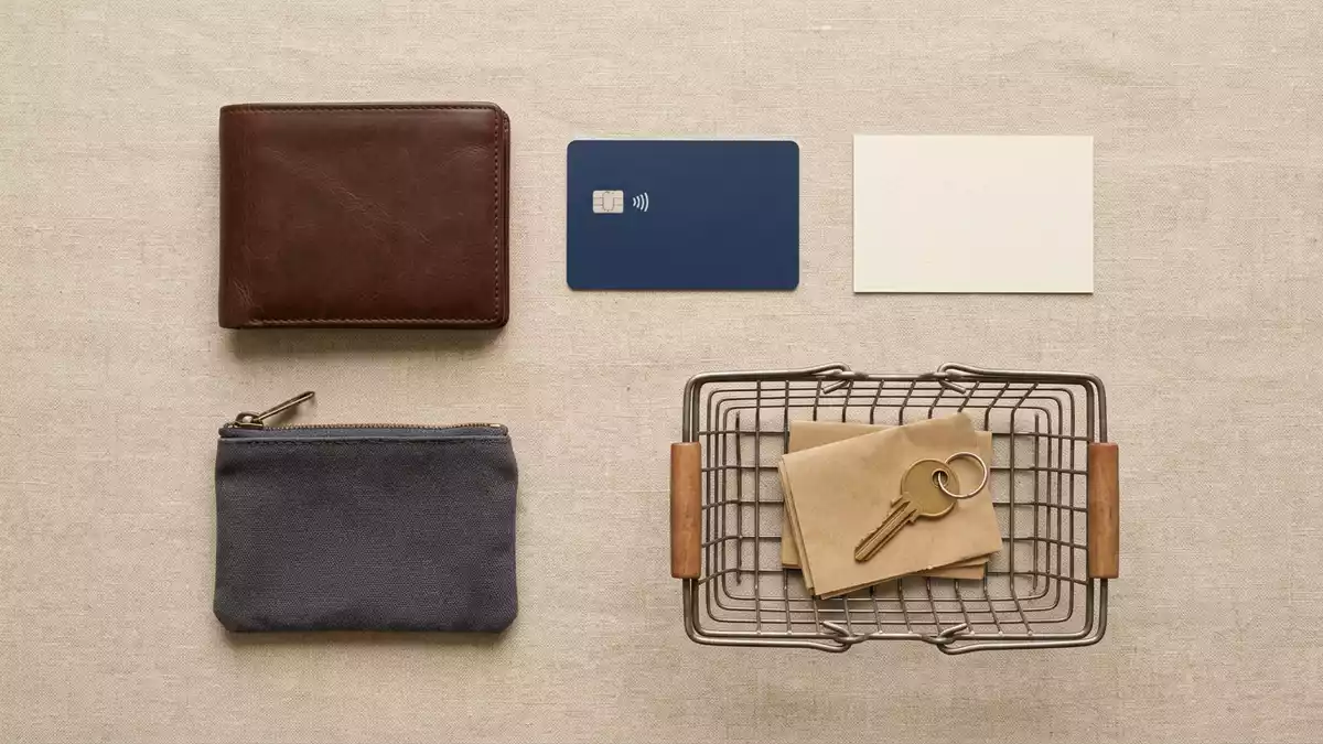 Flatlay-Arrangement rund um Debitkarte mit passenden Requisiten von oben, neutral