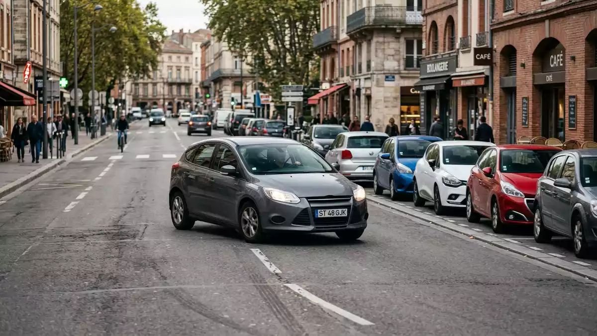 Fotorealistische Ansicht von Kompaktwagen im Stadtverkehr in realer Umgebung, neutral
