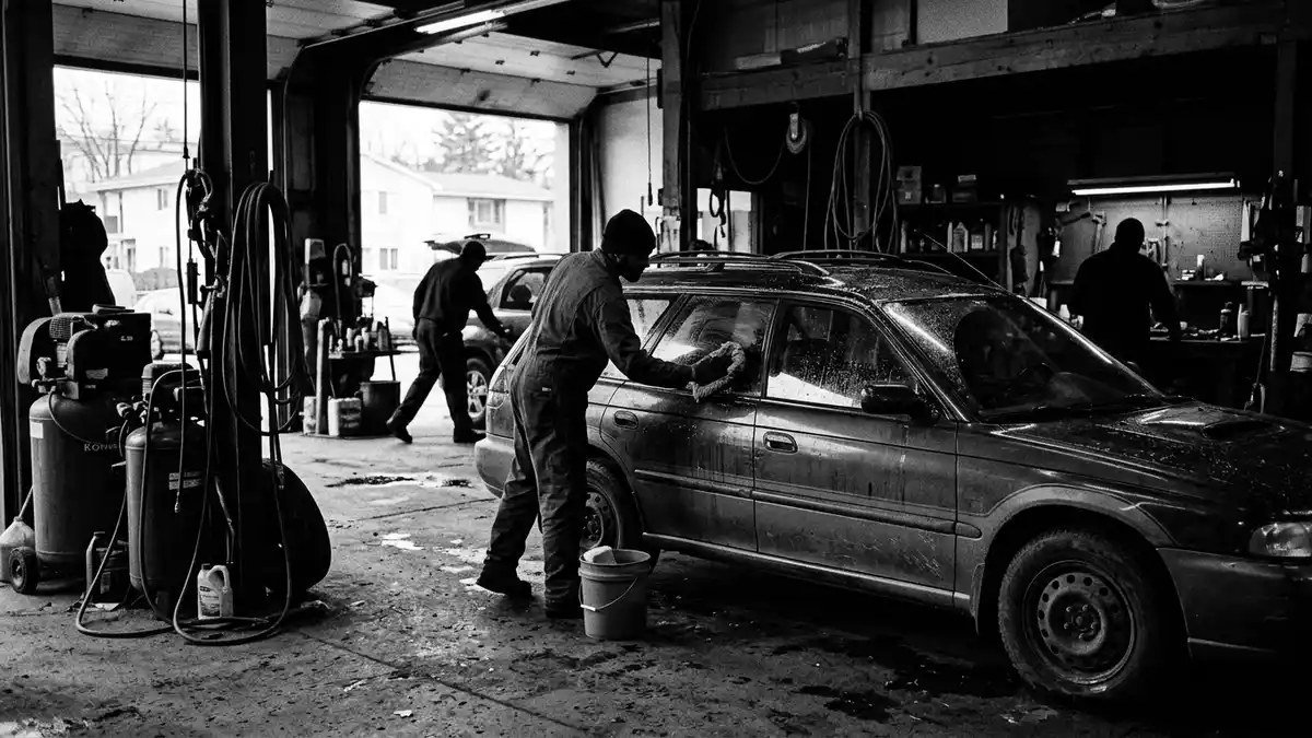 Schwarzweiss-Reportagebild mit Mittelklasse-Kombi in dokumentarischer Arbeitsumgebung
