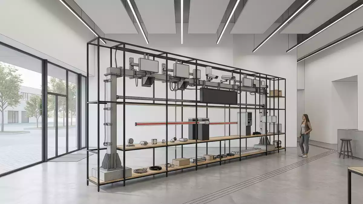Architektur-Render im Verkehrstechnik-Fachhandel mit Mautsystem im Ausstellungsbereich
