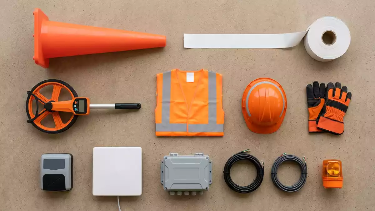 Flatlay-Arrangement rund um Mautsystem mit passenden Requisiten von oben, neutral