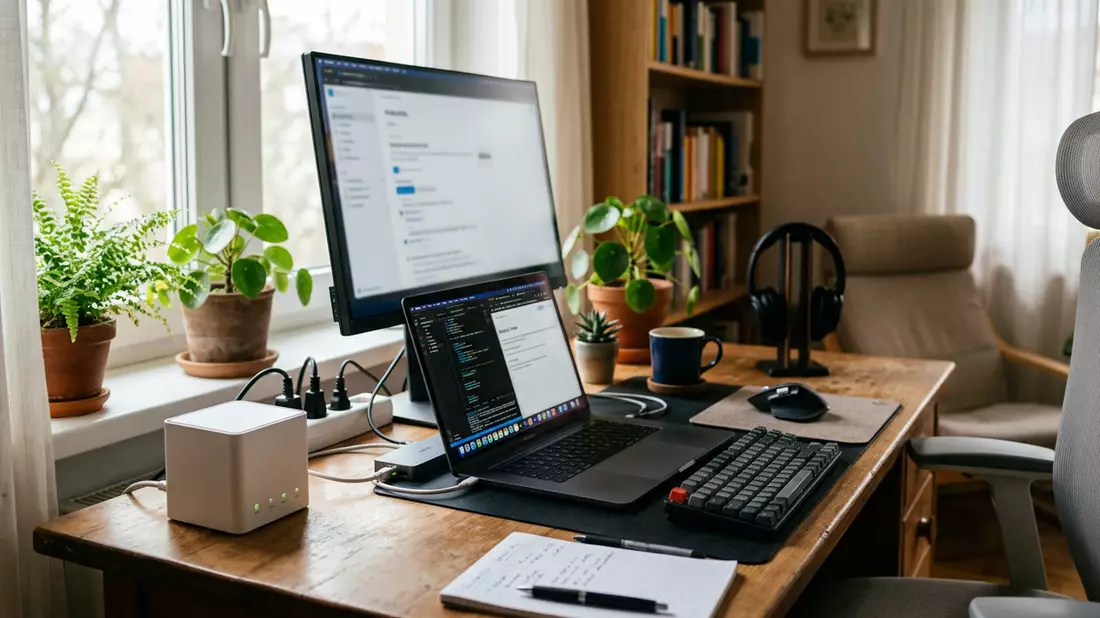 Fotorealistische Ansicht von WLAN-Router im Homeoffice in realer Umgebung, neutral