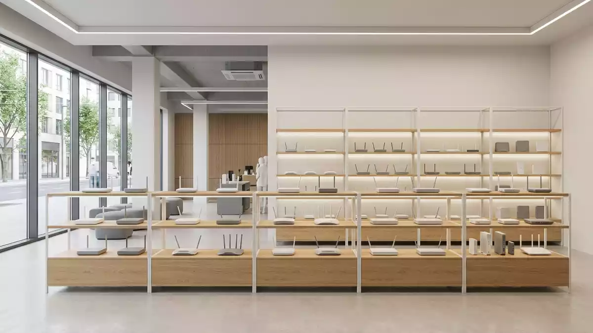 Architektur-Render im Elektronik-Fachmarkt mit WLAN-Router im Ausstellungsbereich