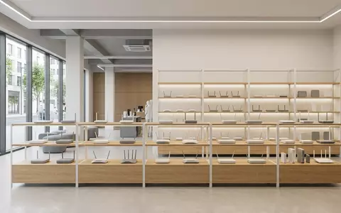 Architektur-Render im Elektronik-Fachmarkt mit WLAN-Router zum Thema Vodafone GigaCube, ISIN GB00BH4HKS39, neutrales Tageslicht - Foto: THN