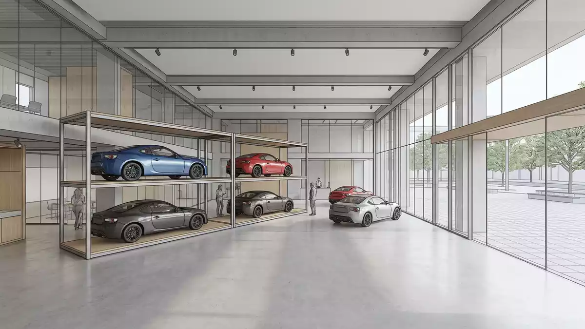 Architektur-Render im Autohaus mit Sportcoupé im Ausstellungsbereich, neutral
