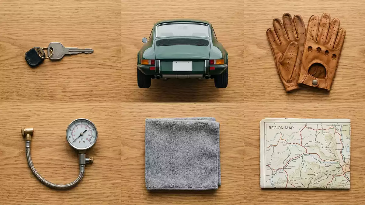 Flatlay-Arrangement rund um Sportcoupé mit passenden Requisiten von oben, neutral