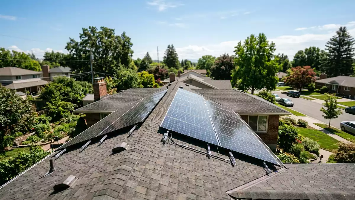 Fotorealistische Ansicht von Solaranlage auf dem Hausdach in realer Umgebung, neutral