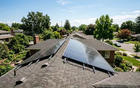 Fotorealistische Aufnahme von Solaranlage auf dem Hausdach zum Thema Sunrun Solar, ISIN US86771W1053, natuerliches Licht - Foto: THN