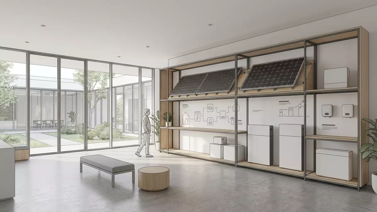 Architektur-Render im Energie-Fachhandel mit Solaranlage im Ausstellungsbereich