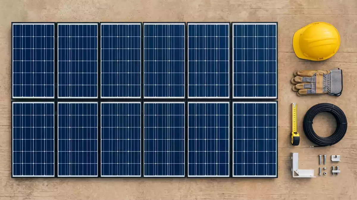 Flatlay-Arrangement rund um Solaranlage mit passenden Requisiten von oben, neutral