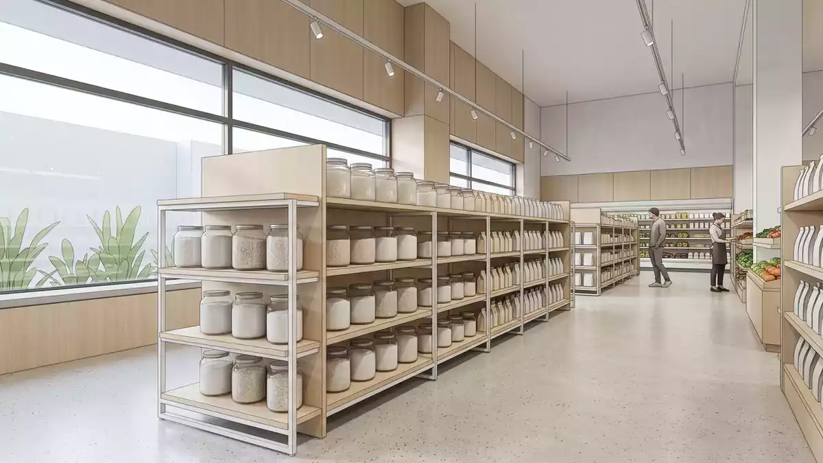 Architektur-Render im Supermarkt mit Gelierzucker im Ausstellungsbereich, neutral