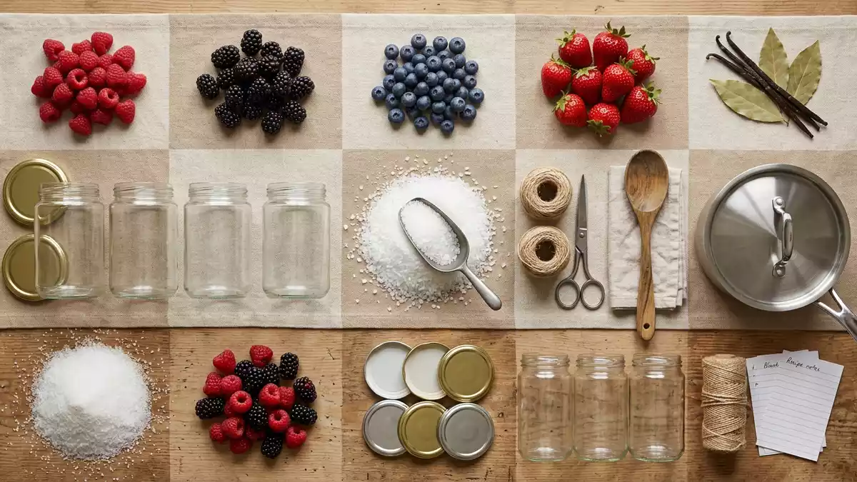 Flatlay-Arrangement rund um Gelierzucker mit passenden Requisiten von oben, neutral