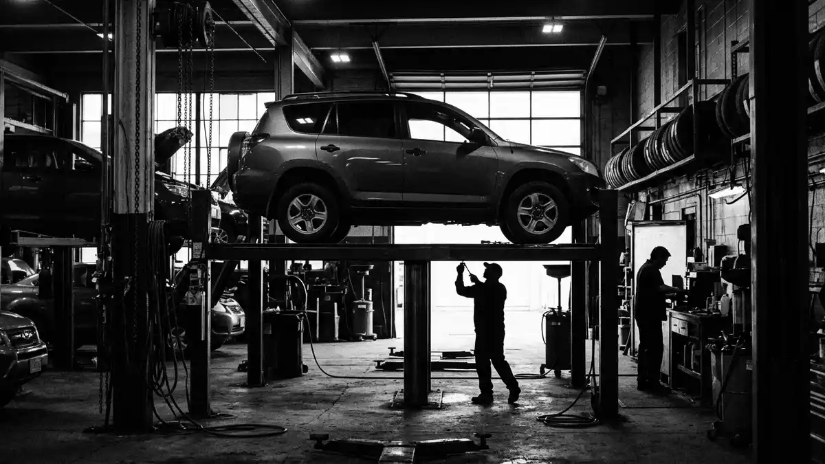 Schwarzweiss-Reportagebild mit Kompakt-SUV in dokumentarischer Arbeitsumgebung