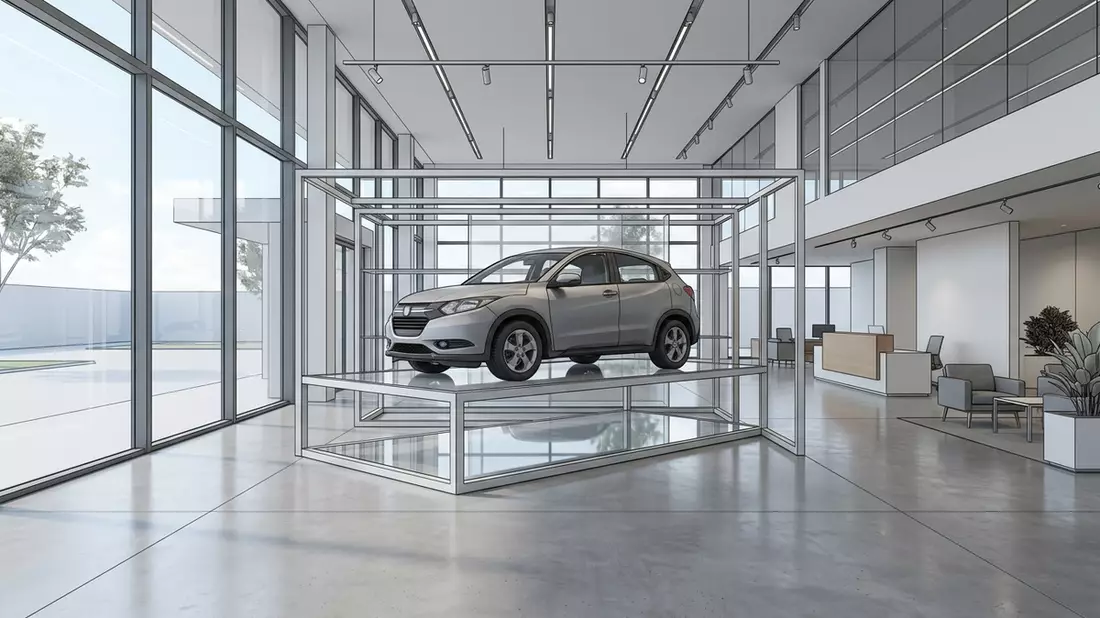 Architektur-Render im Autohaus mit Kompakt-SUV im Ausstellungsbereich, neutral