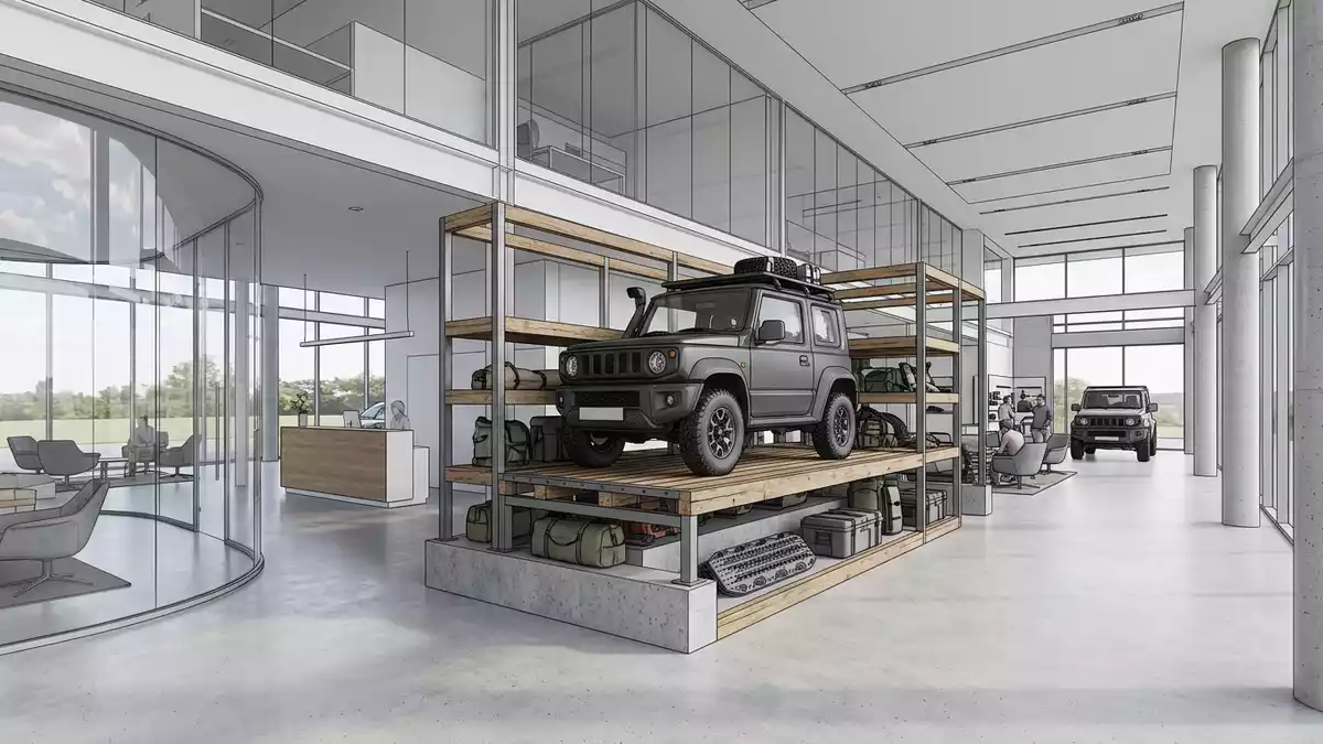 Architektur-Render im Autohaus mit Geländewagen im Ausstellungsbereich, neutral