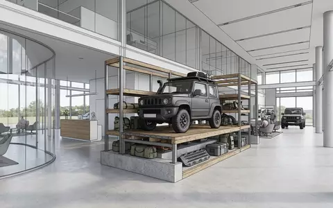 Architektur-Render im Autohaus mit Geländewagen zum Thema Suzuki Jimny, ISIN JP3397200001, neutrales Tageslicht - Foto: THN