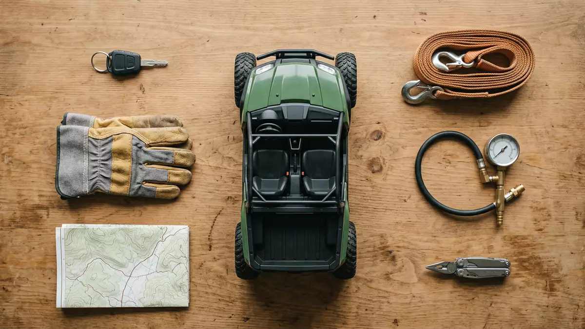 Flatlay-Arrangement rund um Geländewagen mit passenden Requisiten von oben, neutral