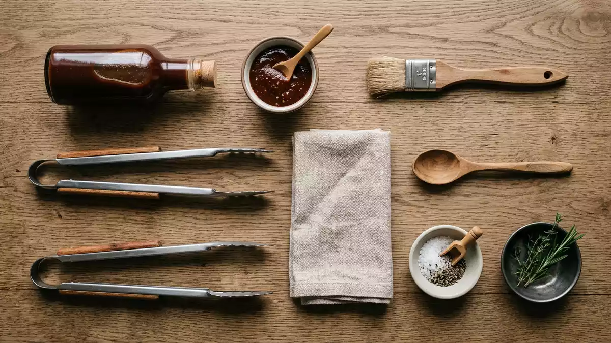 Flatlay-Arrangement rund um Grillsauce mit passenden Requisiten von oben, neutral
