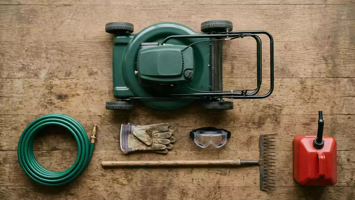Flatlay-Arrangement rund um Rasenmäher mit passenden Requisiten von oben, neutral