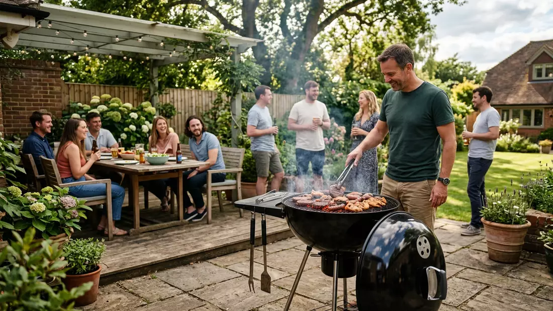 Fotorealistische Ansicht von Kugelgrill im Garten in realer Umgebung, neutral