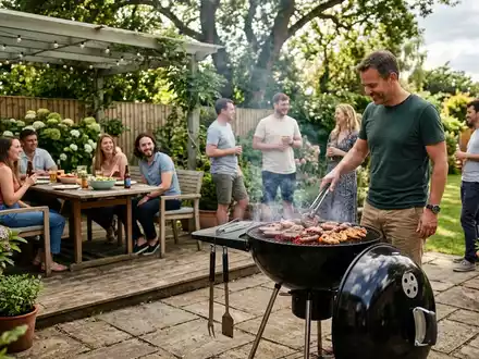 Fotorealistische Aufnahme von Kugelgrill im Garten zum Thema Home Depot Grill, ISIN US4370761029, natuerliches Licht - Foto: THN