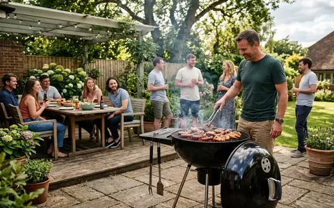 Fotorealistische Aufnahme von Kugelgrill im Garten zum Thema Home Depot Grill, ISIN US4370761029, natuerliches Licht - Foto: THN